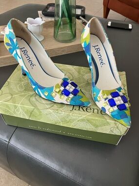 J.Renee Blue, Green & Beige Printed Pointed-Toe Heels with Blue Gem and Accent